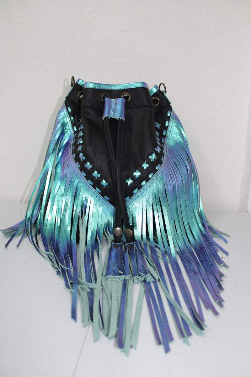 MERMAID TURQUOISE AND BLACK FRINGE BUCKET BAG