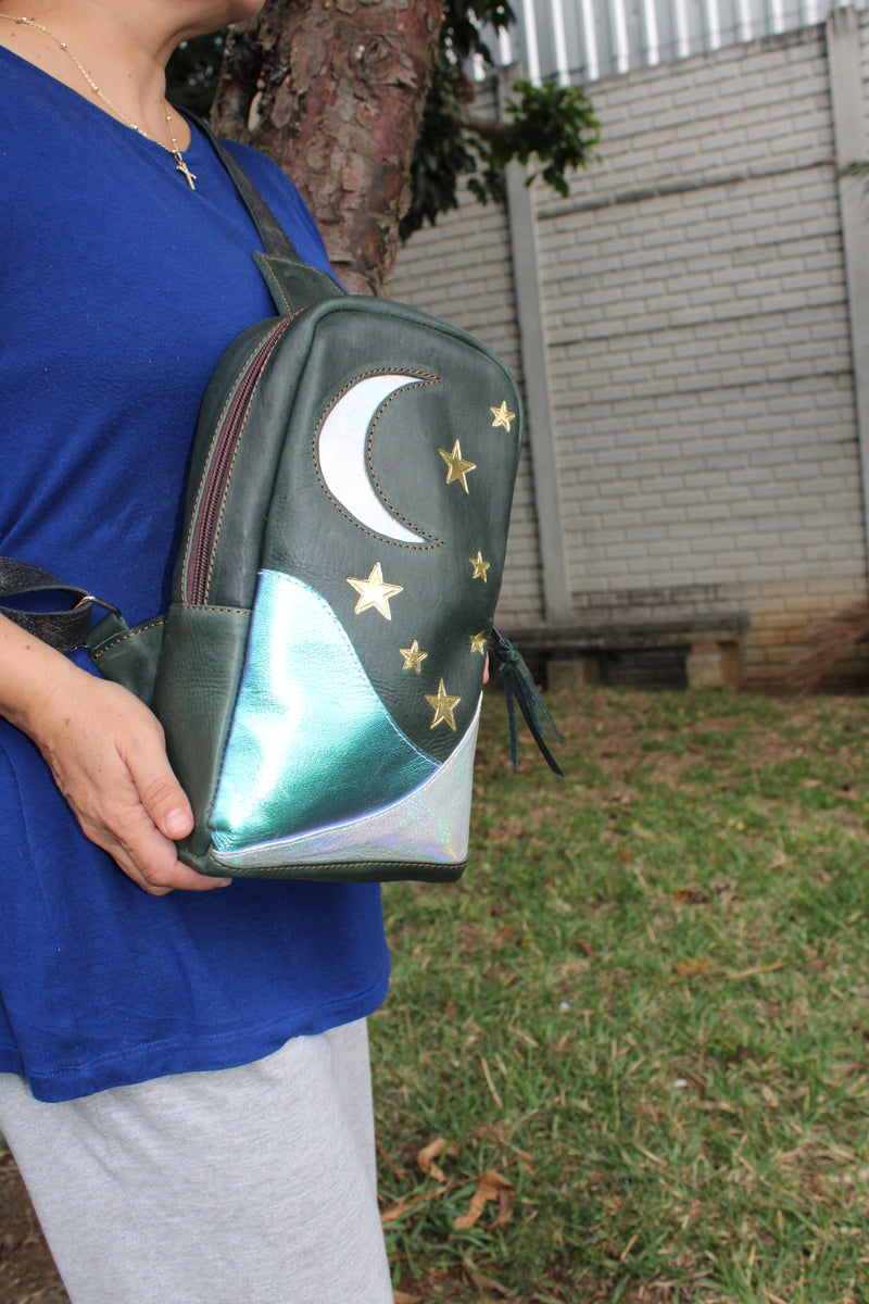 SLING BAG MOONS AND STARS FULL GRAIN GREEN LEATHER