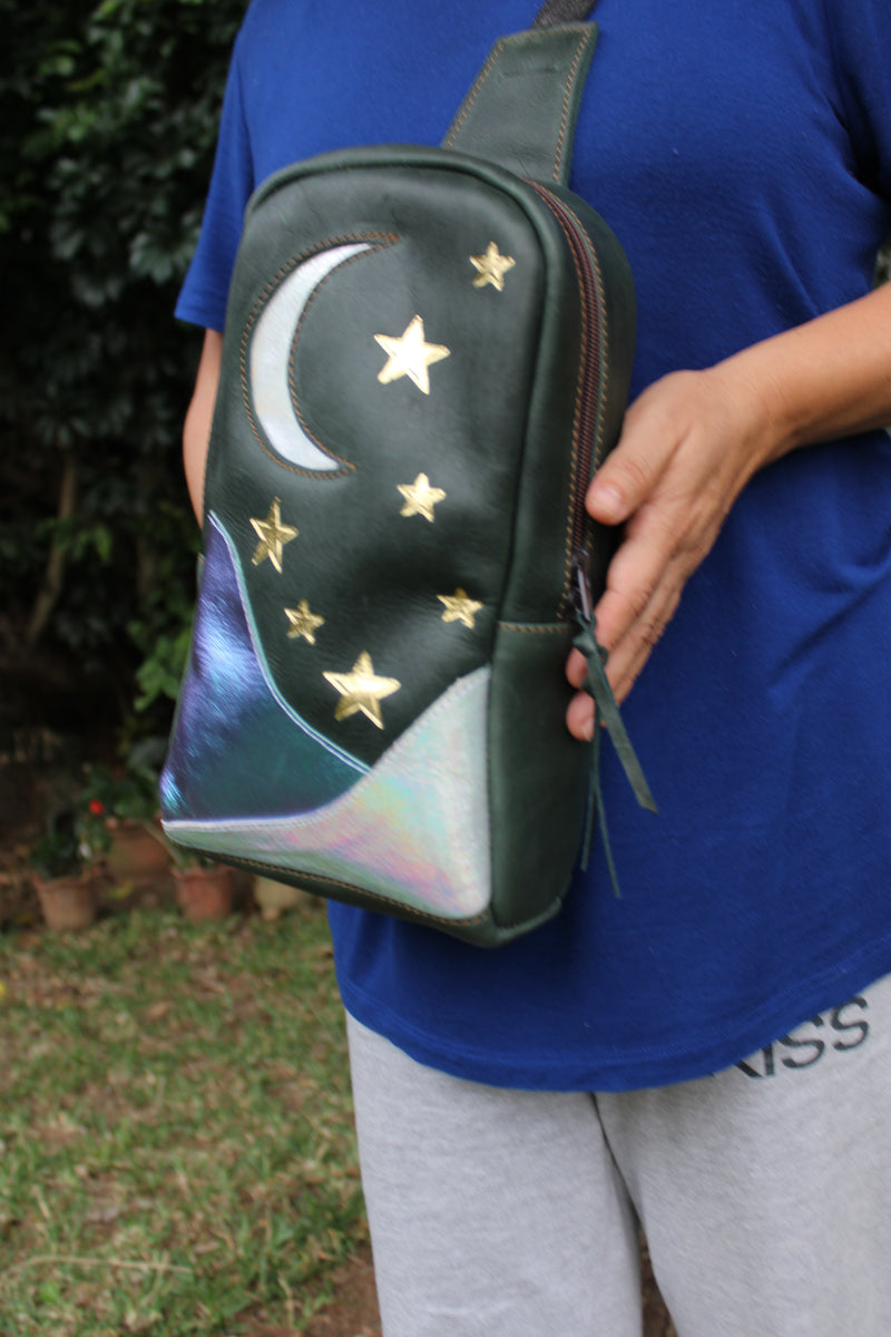 SLING BAG MOONS AND STARS FULL GRAIN GREEN LEATHER