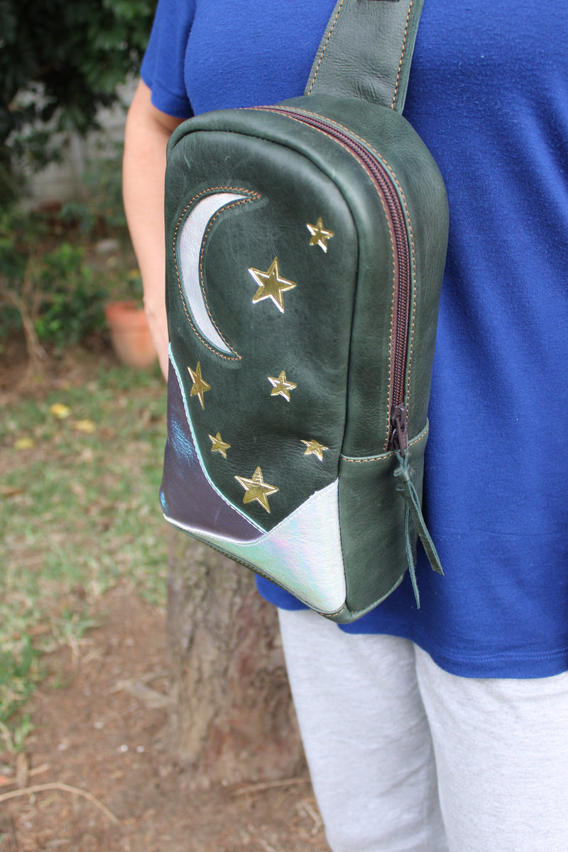 SLING BAG MOONS AND STARS FULL GRAIN GREEN LEATHER