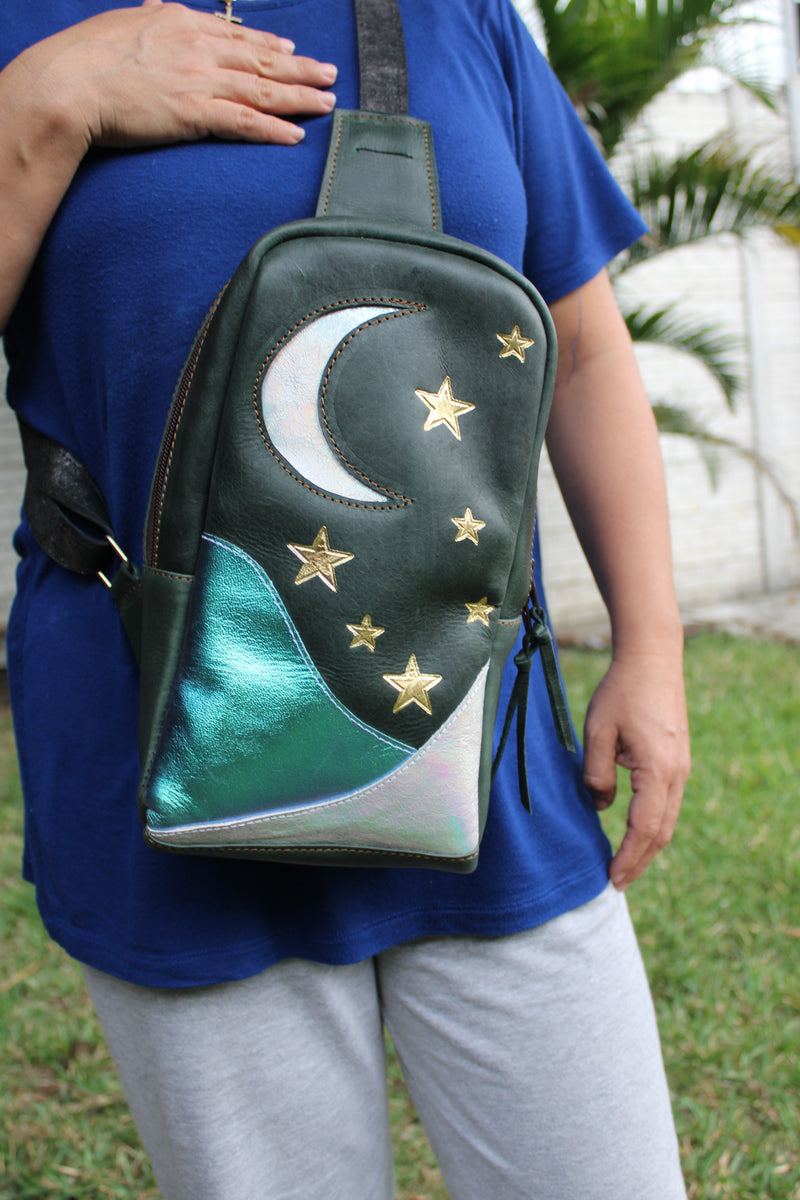 SLING BAG MOONS AND STARS FULL GRAIN GREEN LEATHER