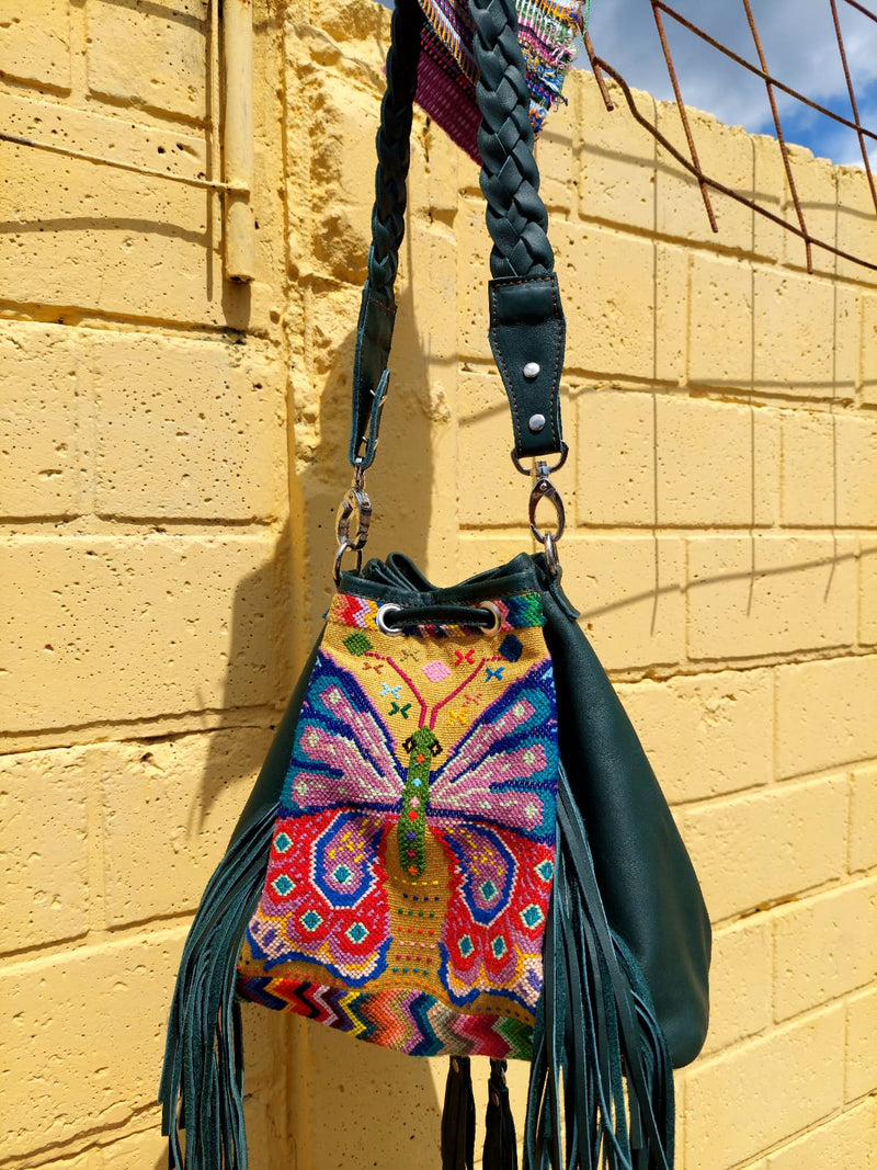 Green Teal Butterfly panel fringe bucket bag.