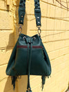 Green Teal Butterfly panel fringe bucket bag.