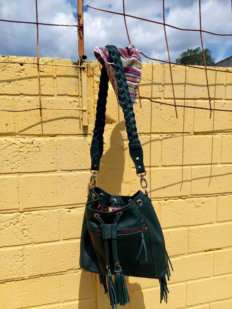 Green Teal Butterfly panel fringe bucket bag.