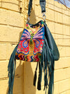 Green Teal Butterfly panel fringe bucket bag.