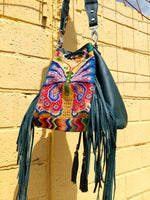 Green Teal Butterfly panel fringe bucket bag.