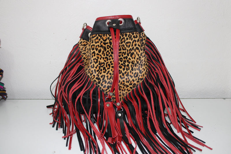 LEOPARD PRINT DIAMOND FRINGE BUCKET BAG