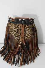 MULTILEATHER LEOPARD HAIR PRINT FRINGE BUCKET BAG