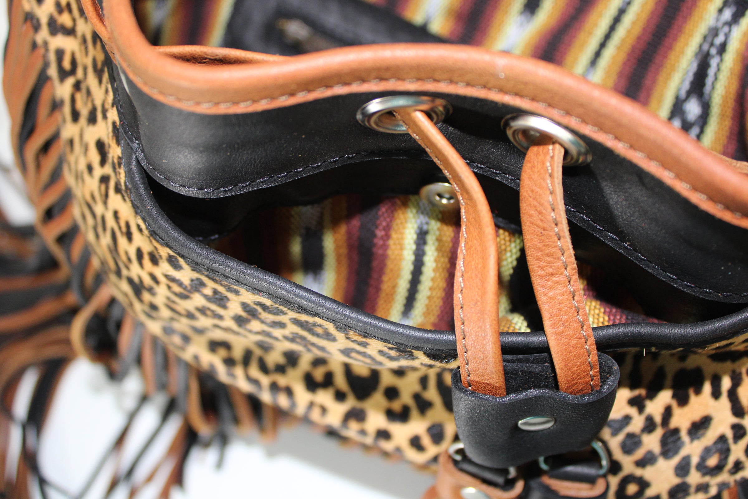 Leopard print, red and black fringe bucket bag – Artisan Shop GT