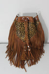 SMALL LEOPARD HAIR PRINT LEATHER FRINGE BUCKET BAG