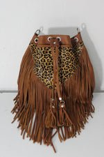 SMALL LEOPARD HAIR PRINT LEATHER FRINGE BUCKET BAG