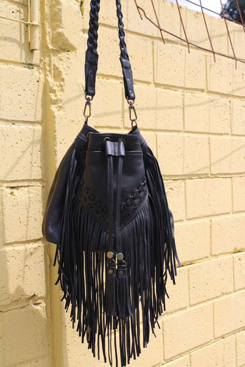 BRAIDED BLACK LEATHER FRINGE BUCKET BAG