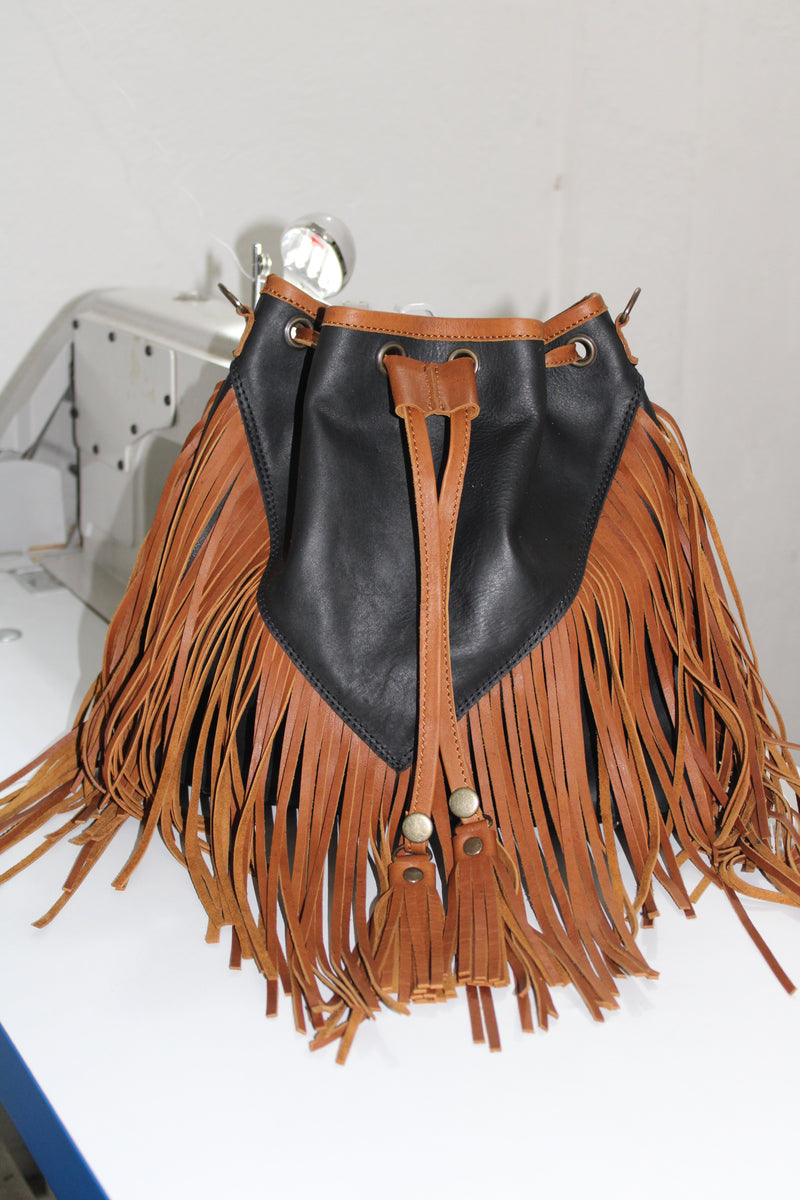 BROWN AND BLACK FRINGE BUCKET BAG