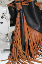 BROWN AND BLACK FRINGE BUCKET BAG