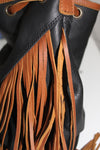 BROWN AND BLACK FRINGE BUCKET BAG