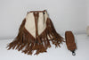 BONE AND BROWN LEATHER FRINGE BUCKET BAG