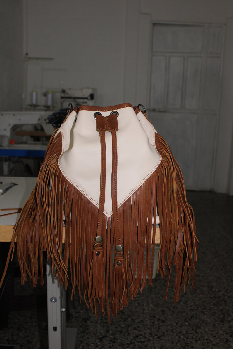 BONE AND BROWN LEATHER FRINGE BUCKET BAG