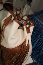 BONE AND BROWN FULL LEATHER FRINGE BUCKET BAG